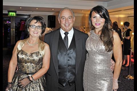Arcadia tycoon Sir Philip Green with Hallett Retail boss Wendy Hallett and celebrity Lizzie Cundy